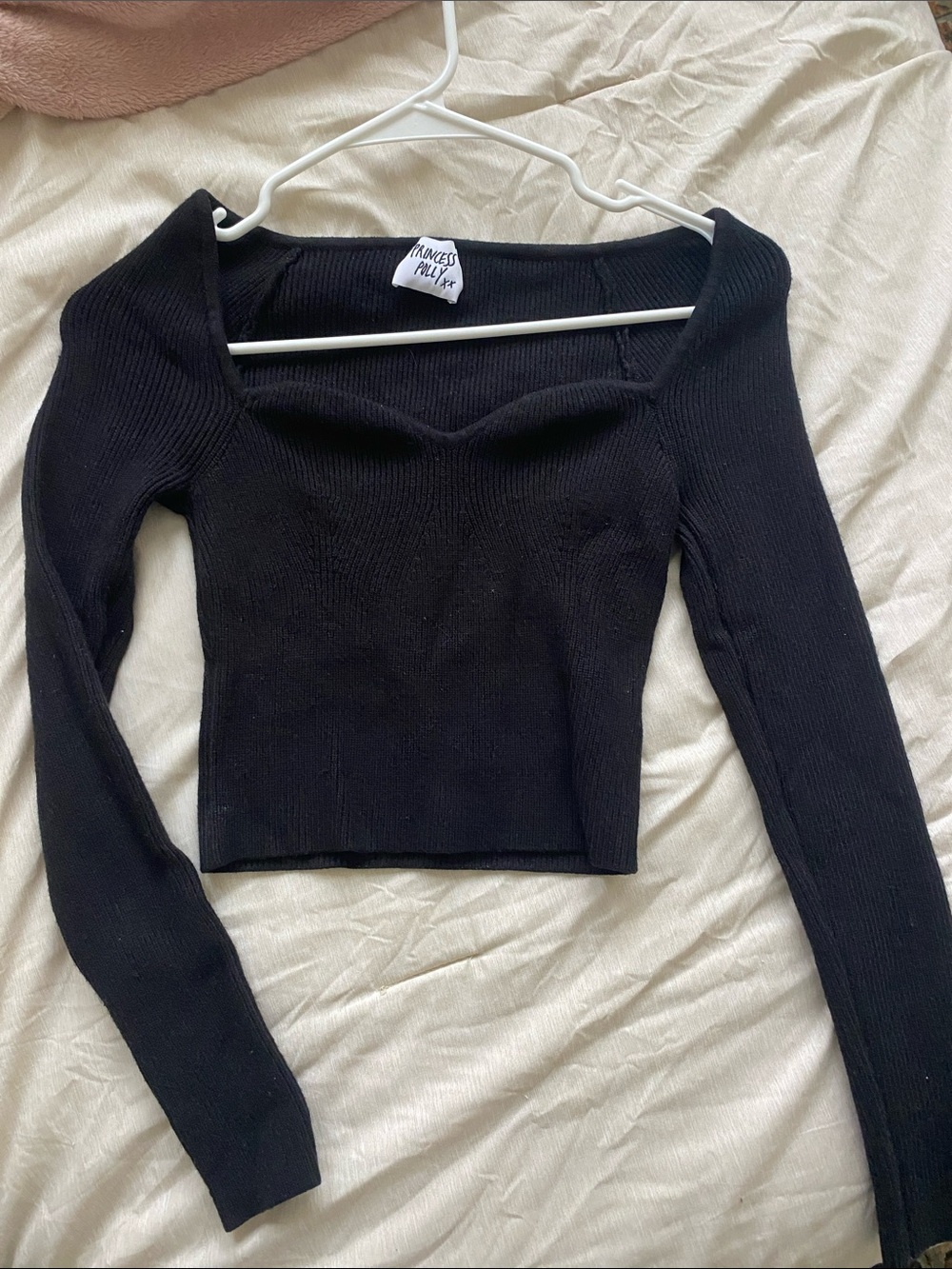 Princess Polly Black Square Neck Ribbed Crop Top - Long Sleeve